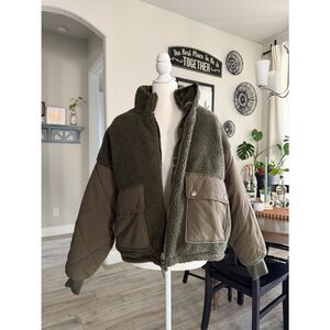 American Eagle Coat Jacket Reversible S Olive Pockets Zip Up Plaid